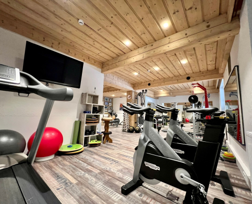 Ein moderner Fitnessraum mit einer holzgetäfelten Decke und hellem Holzfußboden. Der Raum ist ausgestattet mit modernen Trainingsgeräten wie Laufbändern und Technogym-Ergometern. Hanteln, Gymnastikbälle und ein Fernseher sind ebenfalls vorhanden.