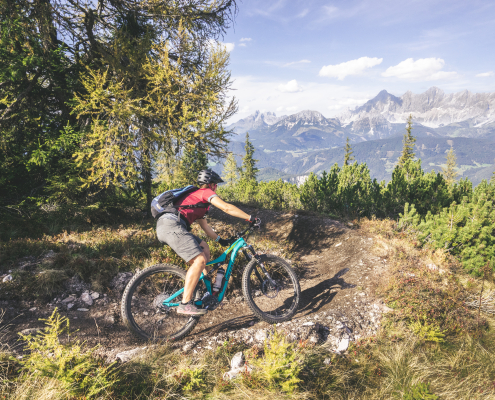 Ein Mountainbiker in rotem T-Shirt und schwarzem Helm fährt auf einem türkisblauen Mountainbike einen kurvigen, steinigen Trail durch Nadelbäume und Büsche. Der Hintergrund - ein weiter Blick auf eine majestätische Alpenkette in der Ferne.