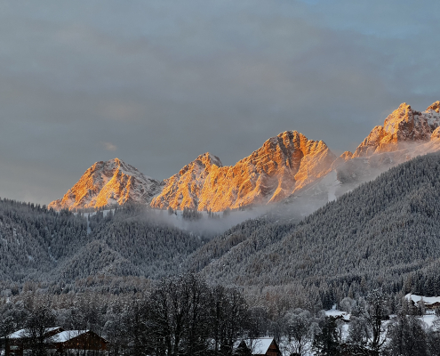 Berglandschaft im Winter bei Sonnenuntergang. Die Berggipfel sind teilweise schneebedeckt, wobei die Gipfel von der untergehenden Sonne golden beleuchtet werden. Im Vordergrund erstreckt sich ein verschneiter Wald.