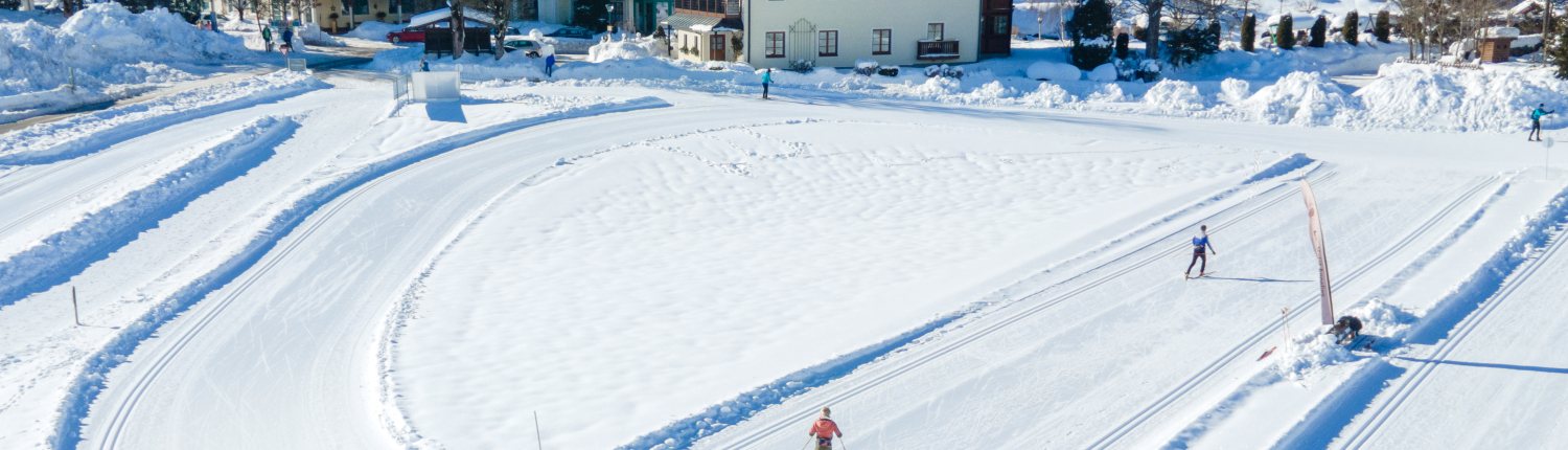 Mehrere Langläufer sind auf präparierten Loipen in einer weiten, schneebedeckten Landschaft unterwegs, im Hintergrund sind Gebäude und ein Wald zu sehen.