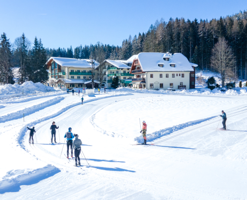 Mehrere Langläufer sind auf präparierten Loipen in einer schneebedeckten Landschaft unterwegs, im Hintergrund sind Gebäude und ein Wald.