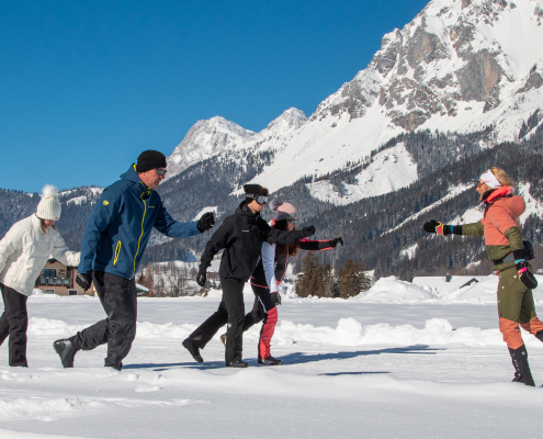 Ein Profi bringt vier Personen in Winterkleidung das Langlaufen ohne Skier auf einer Langlaufloipe bei. ImHintergund sind schneebedeckte Berge zu sehen.