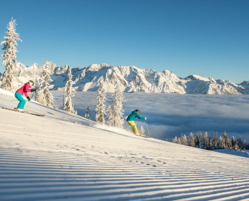 Zwei Skifahrer auf einer Piste, im Hintergrund eine alpine Winterlandschaft mit hohen Bergen.