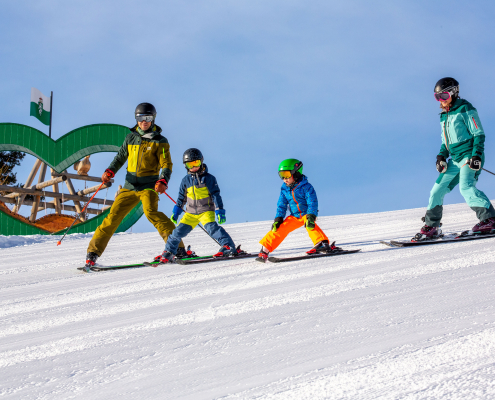 Zwei Kinder und zwei Erwachsene in Wintersportkleidung stehen mit Skiern auf einer Piste. Alle tragen Helme und Skibrillen, die Erwachsenen auch Skistöcke. Im Hintergrund ist ein großes grünes Herz mit der Steiermark-Flagge zu sehen. Der Himmel ist klar und blau.